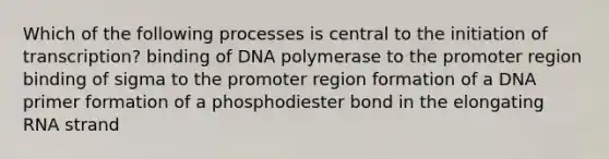 Which of the following processes is central to the initiation of transcription? binding of DNA polymerase to the promoter region binding of sigma to the promoter region formation of a DNA primer formation of a phosphodiester bond in the elongating RNA strand