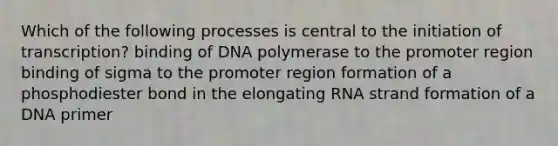 Which of the following processes is central to the initiation of transcription? binding of DNA polymerase to the promoter region binding of sigma to the promoter region formation of a phosphodiester bond in the elongating RNA strand formation of a DNA primer