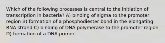 Which of the following processes is central to the initiation of transcription in bacteria? A) binding of sigma to the promoter region B) formation of a phosphodiester bond in the elongating RNA strand C) binding of DNA polymerase to the promoter region D) formation of a DNA primer