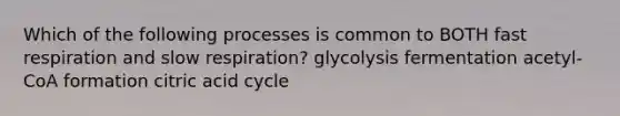 Which of the following processes is common to BOTH fast respiration and slow respiration? glycolysis fermentation acetyl-CoA formation citric acid cycle