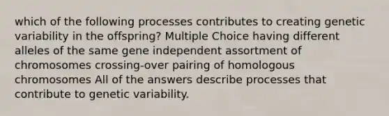 which of the following processes contributes to creating genetic variability in the offspring? Multiple Choice having different alleles of the same gene independent assortment of chromosomes crossing-over pairing of homologous chromosomes All of the answers describe processes that contribute to genetic variability.