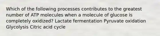 Which of the following processes contributes to the greatest number of ATP molecules when a molecule of glucose is completely oxidized? Lactate fermentation Pyruvate oxidation Glycolysis Citric acid cycle