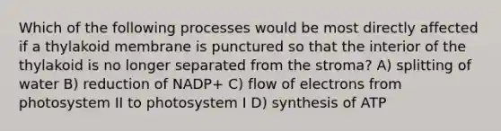 Which of the following processes would be most directly affected if a thylakoid membrane is punctured so that the interior of the thylakoid is no longer separated from the stroma? A) splitting of water B) reduction of NADP+ C) flow of electrons from photosystem II to photosystem I D) synthesis of ATP