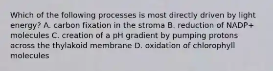 Which of the following processes is most directly driven by light energy? A. carbon fixation in the stroma B. reduction of NADP+ molecules C. creation of a pH gradient by pumping protons across the thylakoid membrane D. oxidation of chlorophyll molecules