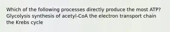 Which of the following processes directly produce the most ATP? Glycolysis synthesis of acetyl-CoA the electron transport chain the Krebs cycle