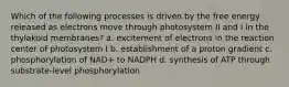 Which of the following processes is driven by the free energy released as electrons move through photosystem II and I in the thylakoid membranes? a. excitement of electrons in the reaction center of photosystem I b. establishment of a proton gradient c. phosphorylation of NAD+ to NADPH d. synthesis of ATP through substrate-level phosphorylation