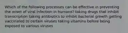 Which of the following processes can be effective in preventing the onset of viral infection in humans? taking drugs that inhibit transcription taking antibiotics to inhibit bacterial growth getting vaccinated to certain viruses taking vitamins before being exposed to various viruses