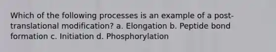 Which of the following processes is an example of a post-translational modification? a. Elongation b. Peptide bond formation c. Initiation d. Phosphorylation