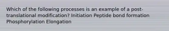 Which of the following processes is an example of a post-translational modification? Initiation Peptide bond formation Phosphorylation Elongation