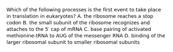 Which of the following processes is the first event to take place in translation in eukaryotes? A. the ribosome reaches a stop codon B. the small subunit of the ribosome recognizes and attaches to the 5′ cap of mRNA C. base pairing of activated methionine-tRNA to AUG of the messenger RNA D. binding of the larger ribosomal subunit to smaller ribosomal subunits