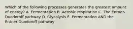 Which of the following processes generates the greatest amount of energy? A. Fermentation B. Aerobic respiration C. The Entner-Duodoroff pathway D. Glycolysis E. Fermentation AND the Entner-Duodoroff pathway