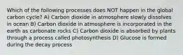 Which of the following processes does NOT happen in the global carbon cycle? A) Carbon dioxide in atmosphere slowly dissolves in ocean B) Carbon dioxide in atmosphere is incorporated in the earth as carbonate rocks C) Carbon dioxide is absorbed by plants through a process called photosynthesis D) Glucose is formed during the decay process