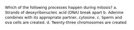 Which of the following processes happen during mitosis? a. Strands of deoxyribonucleic acid (DNA) break apart b. Adenine combines with its appropriate partner, cytosine. c. Sperm and ova cells are created. d. Twenty-three chromosomes are created