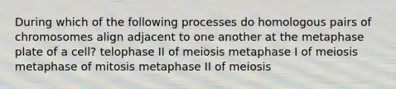 During which of the following processes do homologous pairs of chromosomes align adjacent to one another at the metaphase plate of a cell? telophase II of meiosis metaphase I of meiosis metaphase of mitosis metaphase II of meiosis