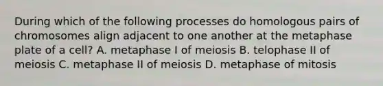 During which of the following processes do homologous pairs of chromosomes align adjacent to one another at the metaphase plate of a cell? A. metaphase I of meiosis B. telophase II of meiosis C. metaphase II of meiosis D. metaphase of mitosis