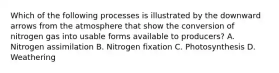 Which of the following processes is illustrated by the downward arrows from the atmosphere that show the conversion of nitrogen gas into usable forms available to producers? A. Nitrogen assimilation B. Nitrogen fixation C. Photosynthesis D. Weathering