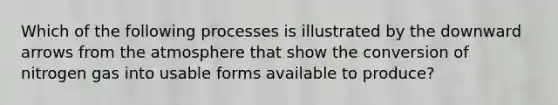 Which of the following processes is illustrated by the downward arrows from the atmosphere that show the conversion of nitrogen gas into usable forms available to produce?