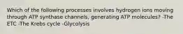 Which of the following processes involves hydrogen ions moving through ATP synthase channels, generating ATP molecules? -The ETC -The Krebs cycle -Glycolysis