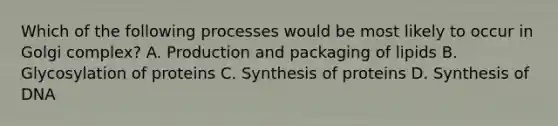 Which of the following processes would be most likely to occur in Golgi complex? A. Production and packaging of lipids B. Glycosylation of proteins C. Synthesis of proteins D. Synthesis of DNA