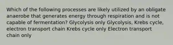 Which of the following processes are likely utilized by an obligate anaerobe that generates energy through respiration and is not capable of fermentation? Glycolysis only Glycolysis, Krebs cycle, electron transport chain Krebs cycle only Electron transport chain only