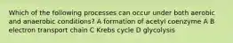 Which of the following processes can occur under both aerobic and anaerobic conditions? A formation of acetyl coenzyme A B electron transport chain C Krebs cycle D glycolysis