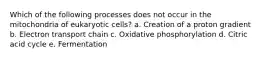 Which of the following processes does not occur in the mitochondria of eukaryotic cells? a. Creation of a proton gradient b. Electron transport chain c. Oxidative phosphorylation d. Citric acid cycle e. Fermentation