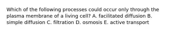 Which of the following processes could occur only through the plasma membrane of a living cell? A. facilitated diffusion B. simple diffusion C. filtration D. osmosis E. active transport