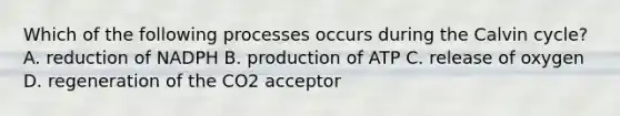 Which of the following processes occurs during the Calvin cycle? A. reduction of NADPH B. production of ATP C. release of oxygen D. regeneration of the CO2 acceptor