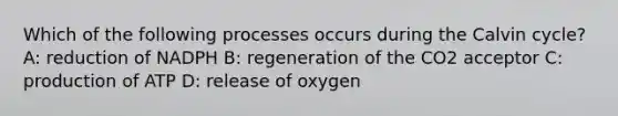 Which of the following processes occurs during the Calvin cycle? A: reduction of NADPH B: regeneration of the CO2 acceptor C: production of ATP D: release of oxygen