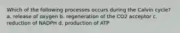 Which of the following processes occurs during the Calvin cycle? a. release of oxygen b. regeneration of the CO2 acceptor c. reduction of NADPH d. production of ATP