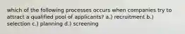 which of the following processes occurs when companies try to attract a qualified pool of applicants? a.) recruitment b.) selection c.) planning d.) screening