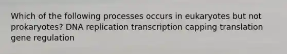 Which of the following processes occurs in eukaryotes but not prokaryotes? <a href='https://www.questionai.com/knowledge/kofV2VQU2J-dna-replication' class='anchor-knowledge'>dna replication</a> transcription capping translation gene regulation