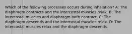 Which of the following processes occurs during inhalation? A: The diaphragm contracts and the intercostal muscles relax. B: The intercostal muscles and diaphragm both contract. C: The diaphragm descends and the intercostal muscles relax. D: The intercostal muscles relax and the diaphragm descends.