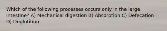 Which of the following processes occurs only in the large intestine? A) Mechanical digestion B) Absorption C) Defecation D) Deglutition