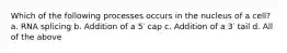 Which of the following processes occurs in the nucleus of a cell? a. RNA splicing b. Addition of a 5′ cap c. Addition of a 3′ tail d. All of the above