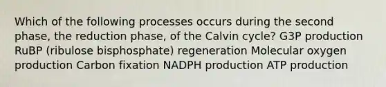 Which of the following processes occurs during the second phase, the reduction phase, of the Calvin cycle? G3P production RuBP (ribulose bisphosphate) regeneration Molecular oxygen production Carbon fixation NADPH production ATP production