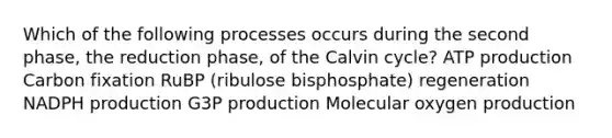 Which of the following processes occurs during the second phase, the reduction phase, of the Calvin cycle? <a href='https://www.questionai.com/knowledge/kQXM5vFKbG-atp-production' class='anchor-knowledge'>atp production</a> Carbon fixation RuBP (ribulose bisphosphate) regeneration NADPH production G3P production Molecular oxygen production