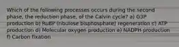 Which of the following processes occurs during the second phase, the reduction phase, of the Calvin cycle? a) G3P production b) RuBP (ribulose bisphosphate) regeneration c) ATP production d) Molecular oxygen production e) NADPH production f) Carbon fixation