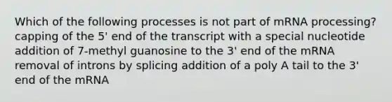 Which of the following processes is not part of mRNA processing? capping of the 5' end of the transcript with a special nucleotide addition of 7-methyl guanosine to the 3' end of the mRNA removal of introns by splicing addition of a poly A tail to the 3' end of the mRNA