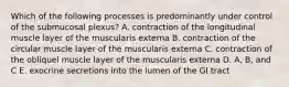 Which of the following processes is predominantly under control of the submucosal plexus? A. contraction of the longitudinal muscle layer of the muscularis externa B. contraction of the circular muscle layer of the muscularis externa C. contraction of the obliquel muscle layer of the muscularis externa D. A, B, and C E. exocrine secretions into the lumen of the GI tract