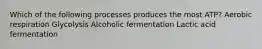 Which of the following processes produces the most ATP? Aerobic respiration Glycolysis Alcoholic fermentation Lactic acid fermentation