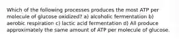 Which of the following processes produces the most ATP per molecule of glucose oxidized? a) alcoholic fermentation b) aerobic respiration c) lactic acid fermentation d) All produce approximately the same amount of ATP per molecule of glucose.