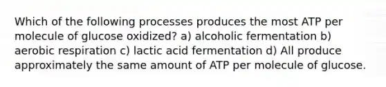 Which of the following processes produces the most ATP per molecule of glucose oxidized? a) alcoholic fermentation b) aerobic respiration c) lactic acid fermentation d) All produce approximately the same amount of ATP per molecule of glucose.