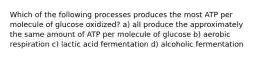 Which of the following processes produces the most ATP per molecule of glucose oxidized? a) all produce the approximately the same amount of ATP per molecule of glucose b) aerobic respiration c) lactic acid fermentation d) alcoholic fermentation