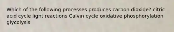 Which of the following processes produces carbon dioxide? citric acid cycle light reactions Calvin cycle oxidative phosphorylation glycolysis