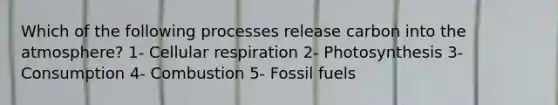 Which of the following processes release carbon into the atmosphere? 1- Cellular respiration 2- Photosynthesis 3- Consumption 4- Combustion 5- Fossil fuels