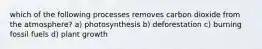 which of the following processes removes carbon dioxide from the atmosphere? a) photosynthesis b) deforestation c) burning fossil fuels d) plant growth