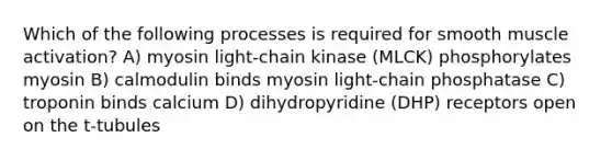 Which of the following processes is required for smooth muscle activation? A) myosin light-chain kinase (MLCK) phosphorylates myosin B) calmodulin binds myosin light-chain phosphatase C) troponin binds calcium D) dihydropyridine (DHP) receptors open on the t-tubules