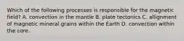 Which of the following processes is responsible for the magnetic field? A. convection in the mantle B. plate tectonics C. allignment of magnetic mineral grains within the Earth D. convection within the core.