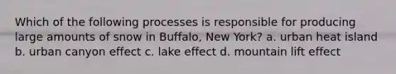 Which of the following processes is responsible for producing large amounts of snow in Buffalo, New York? a. urban heat island b. urban canyon effect c. lake effect d. mountain lift effect